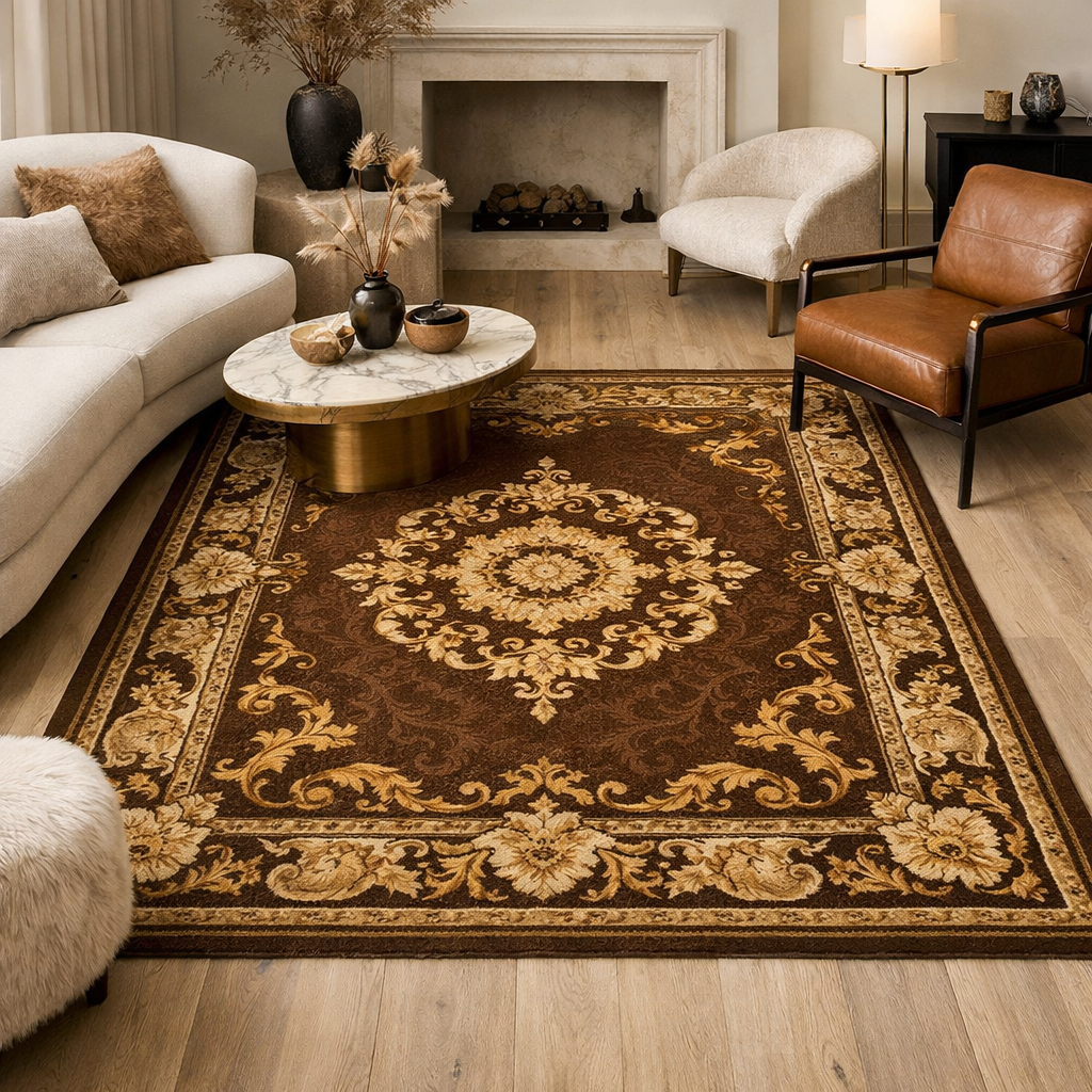 A cozy living room featuring a brown and gold area rug with floral patterns, complemented by a beige sofa and a brown leather chair.