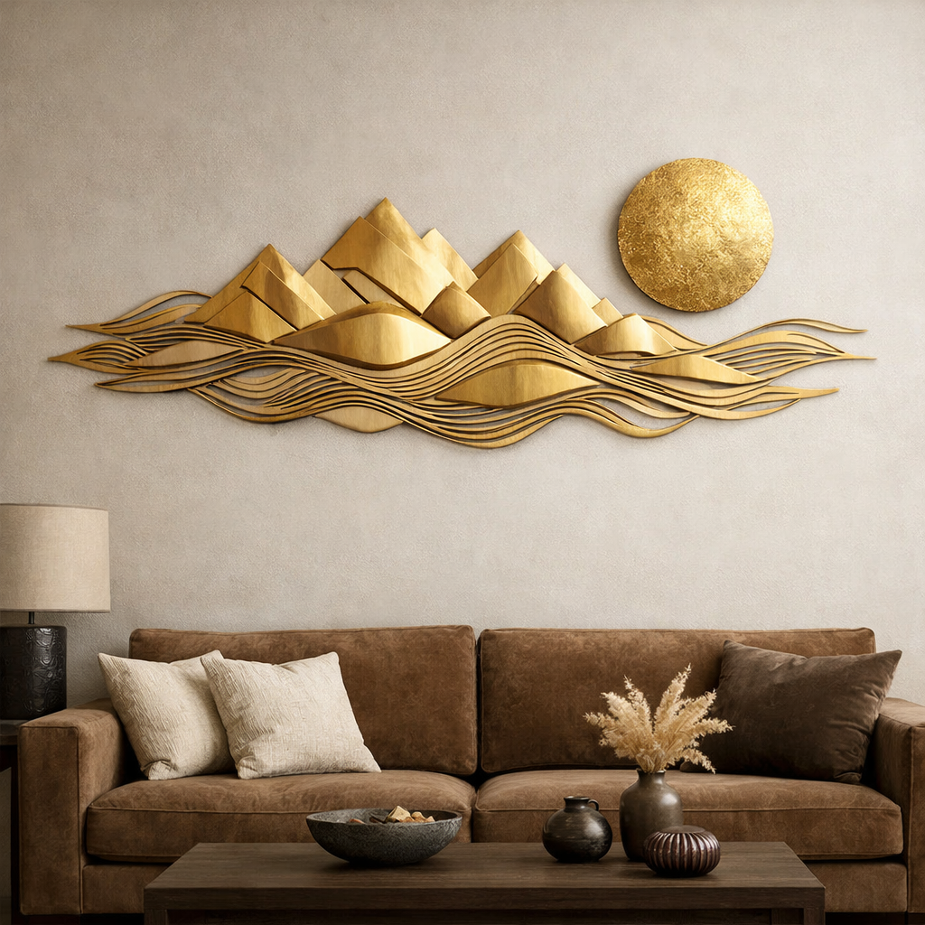 Elegant gold wall art depicting mountains and waves.