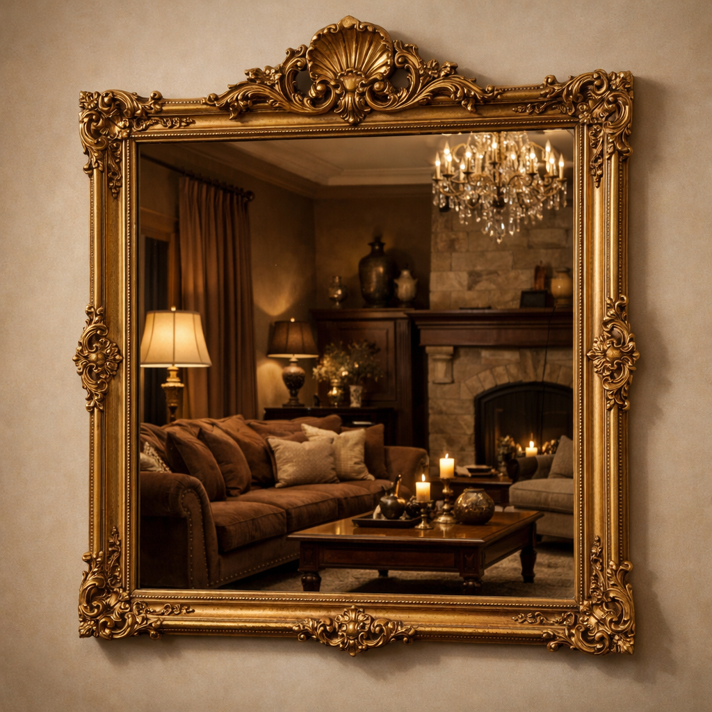 A beautifully framed gold mirror reflecting a cozy brown living room with soft lighting and elegant decor.