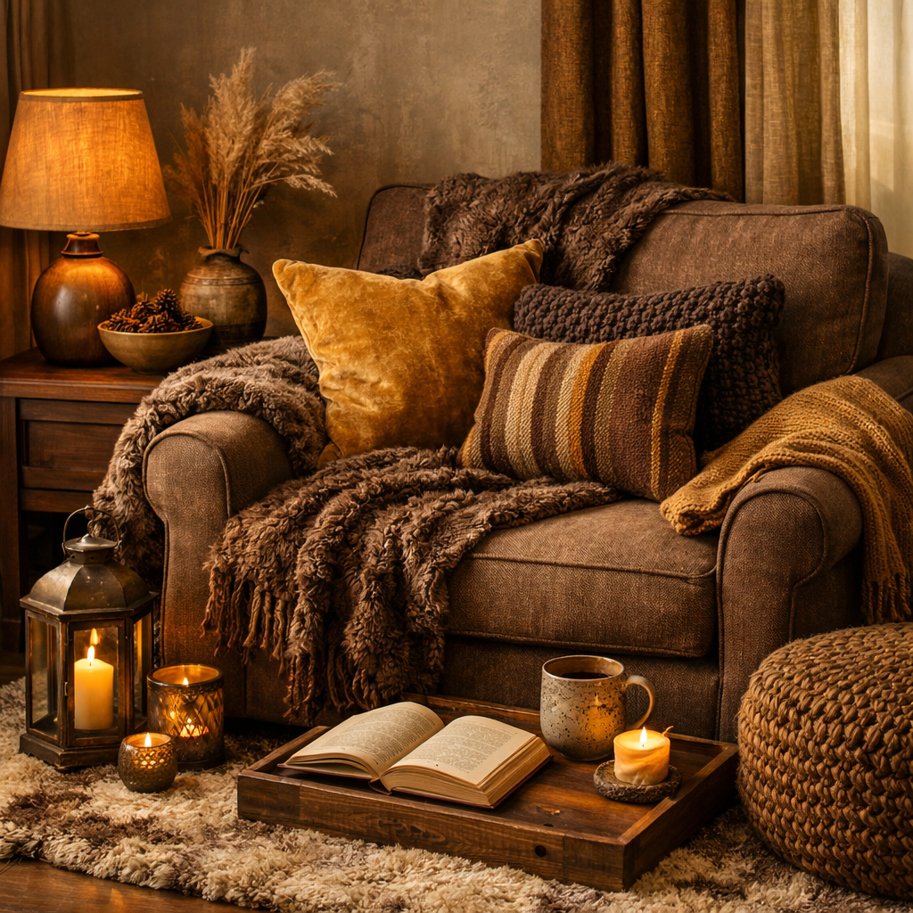 cozy brown and gold living room with layered textiles