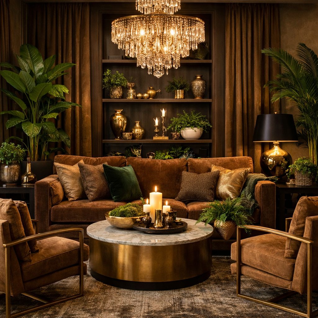 A stylish living room decorated with brown and gold accents, featuring green plants and cozy seating.