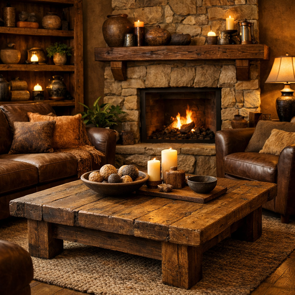 Rustic wood accents in a cozy living room with a stone fireplace