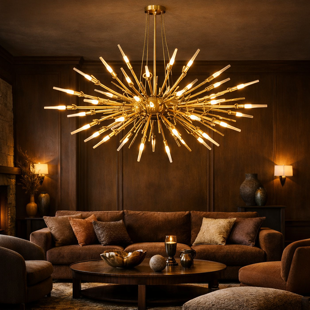 A beautifully decorated living room featuring a statement gold chandelier, brown sofa, and warm lighting.