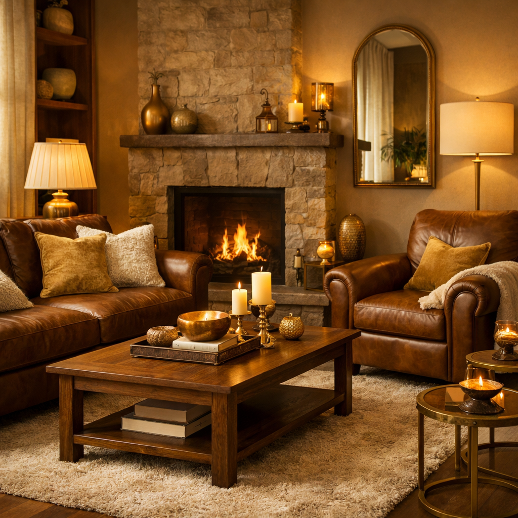 Cozy living room with brown leather furniture, a stone fireplace, golden accents, and warm lighting.