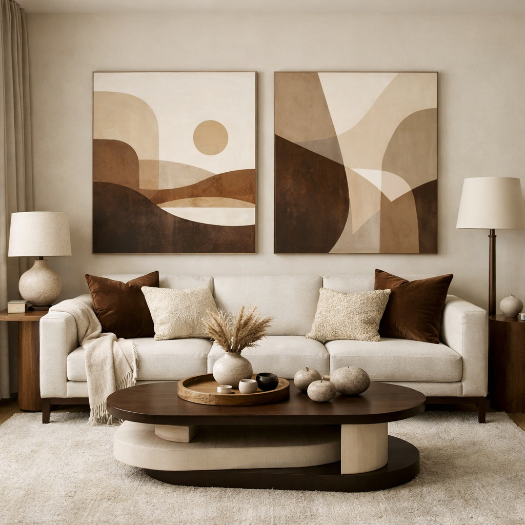 A cozy living room featuring a cream sofa with brown pillows, modern artwork on the walls, and a sleek coffee table.
