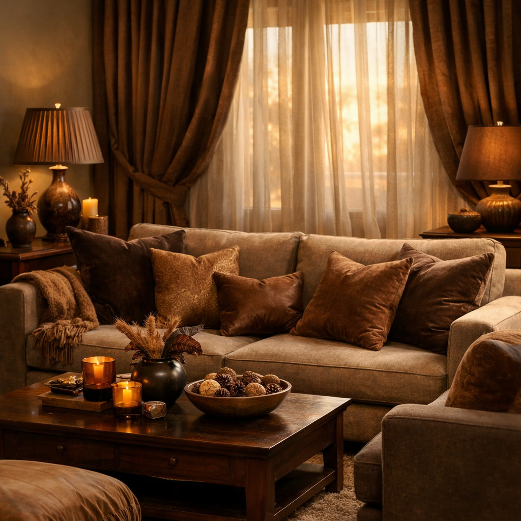 Elegant living room with brown textiles, cushions, and warm lighting.