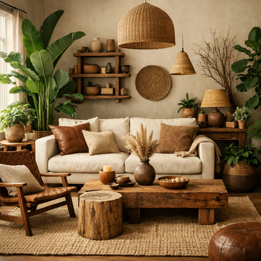 A cozy brown-themed living room featuring natural wood elements, plants, and earthy decor.