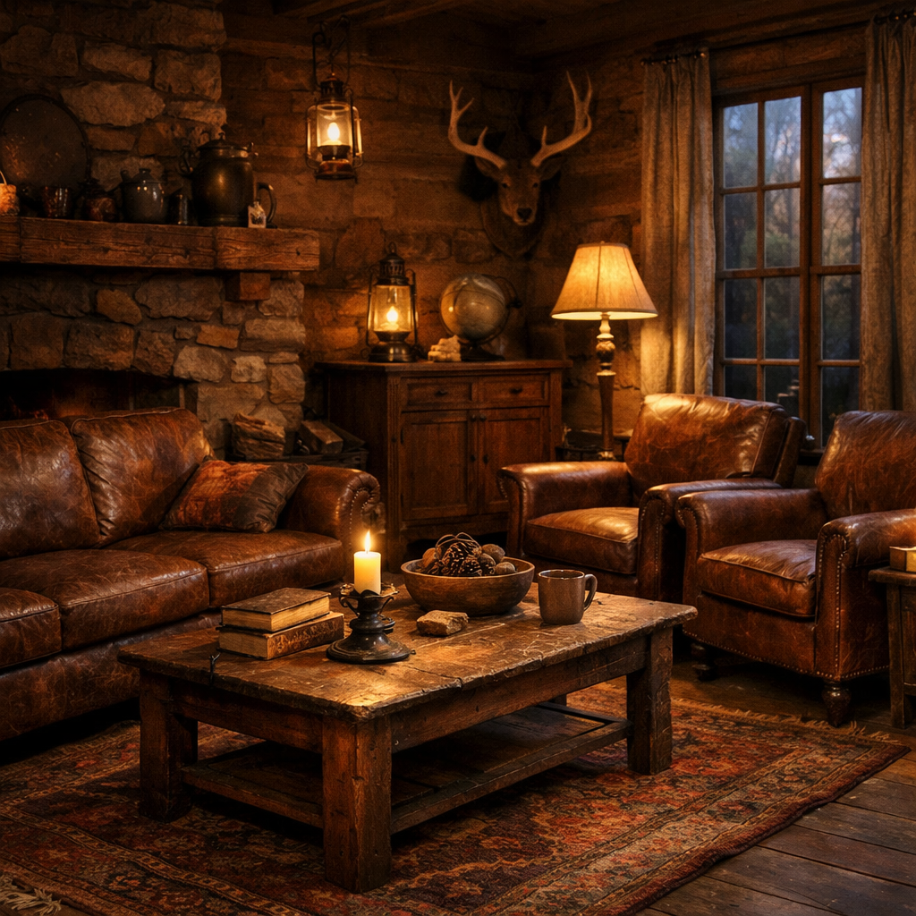 Rustic brown leather furniture in a cozy living room setting