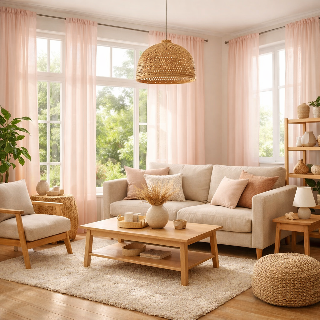 Living room featuring soft pink curtains, a beige sofa with pink cushions, and natural wooden furniture.
