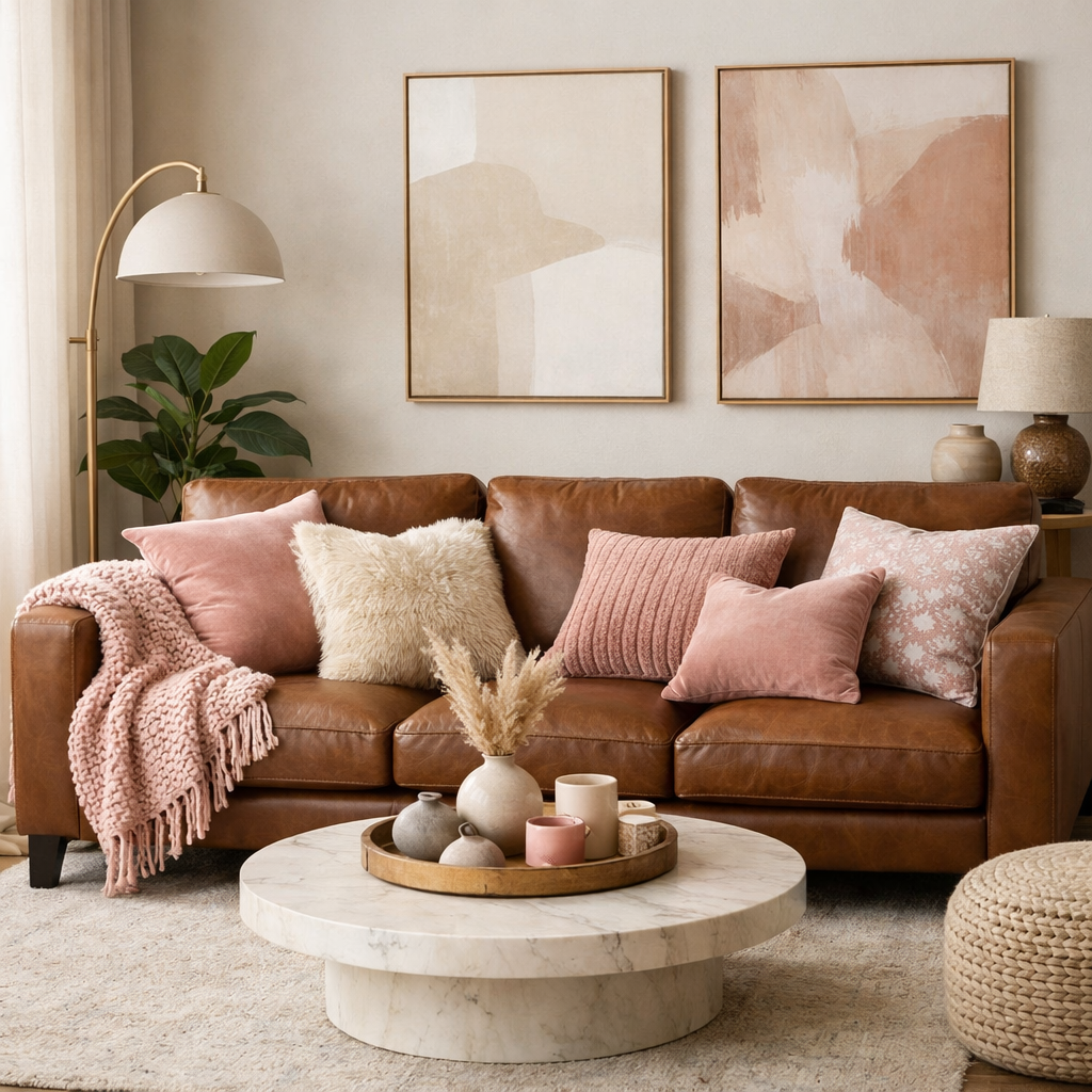 Elegant living room featuring a brown leather sofa adorned with blush pillows and a chunky throw, paired with a marble coffee table.
