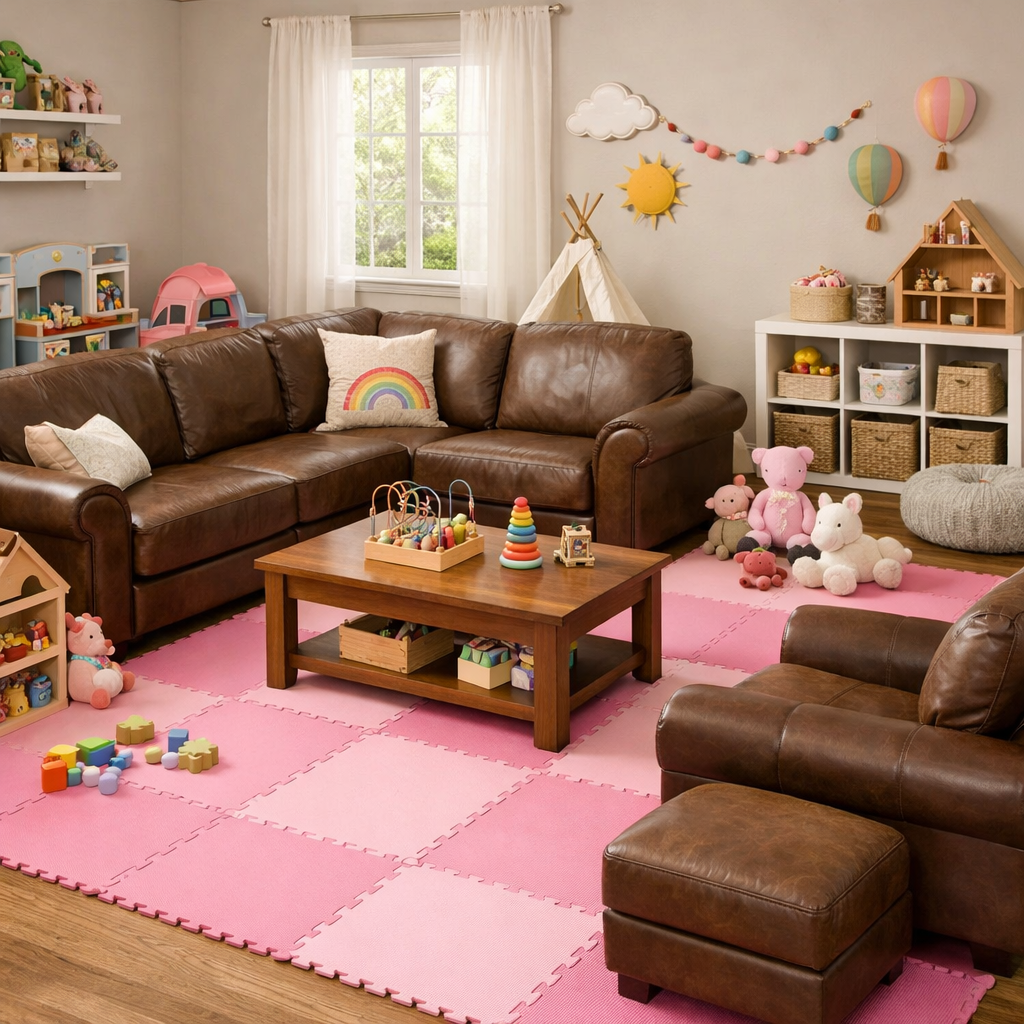 A cozy family-friendly living room with brown leather furniture and pink accents, featuring a play area for kids.