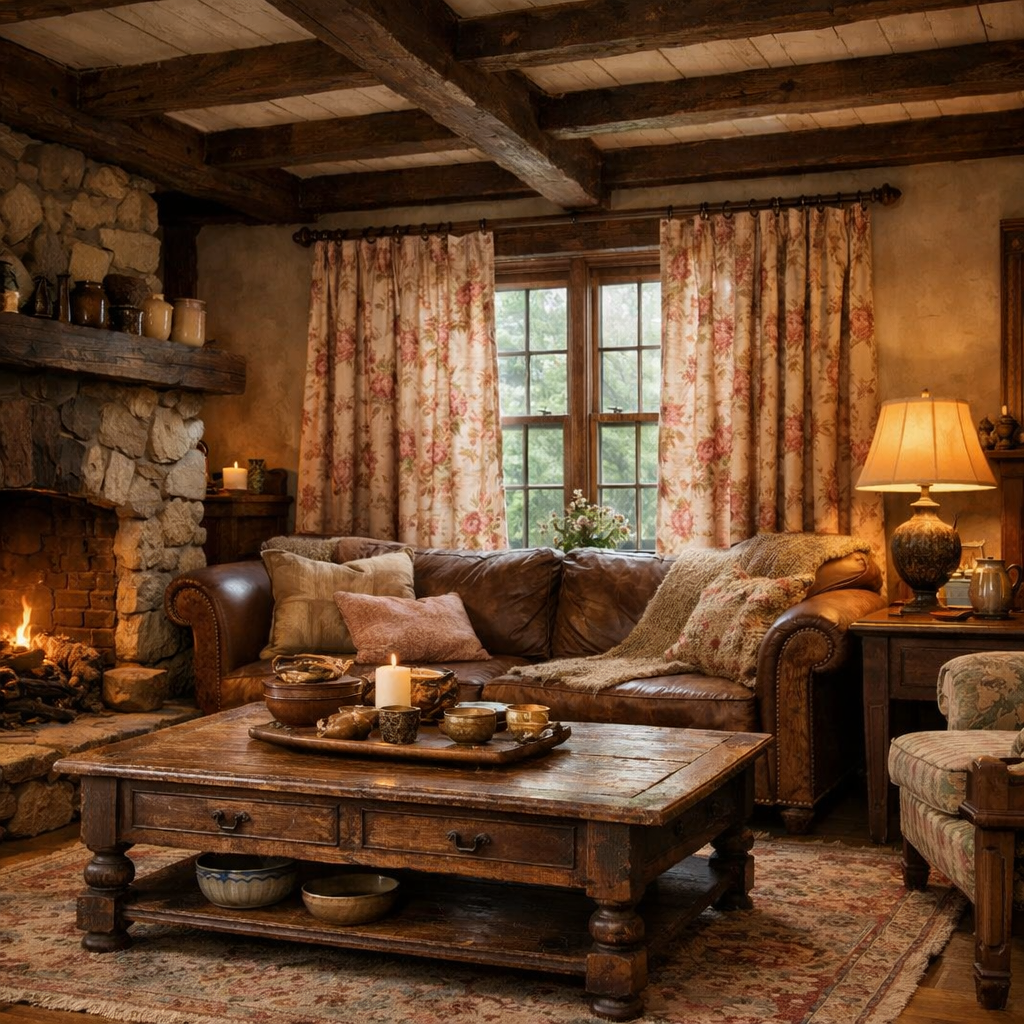 A rustic living room featuring a brown leather sofa, pink floral curtains, and a wooden coffee table with candles.