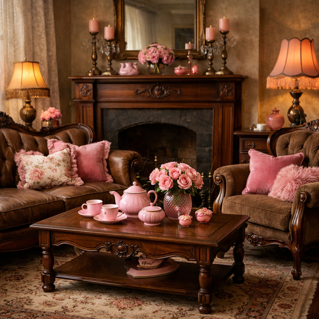 A vintage-inspired living room featuring brown furniture and pink decor elements.