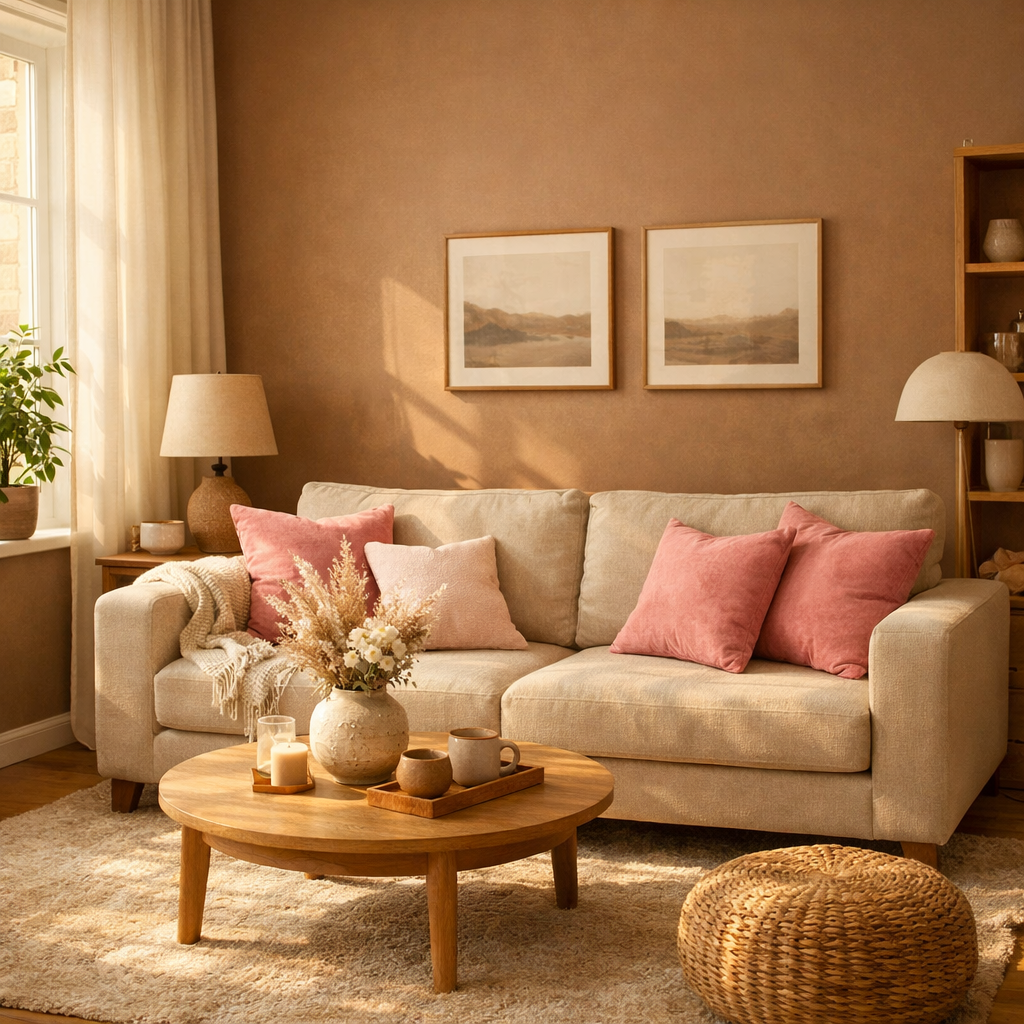 A cozy living room featuring warm brown walls and a beige sofa with pink pillows. A wooden coffee table holds a vase of flowers and candles, surrounded by natural decor.