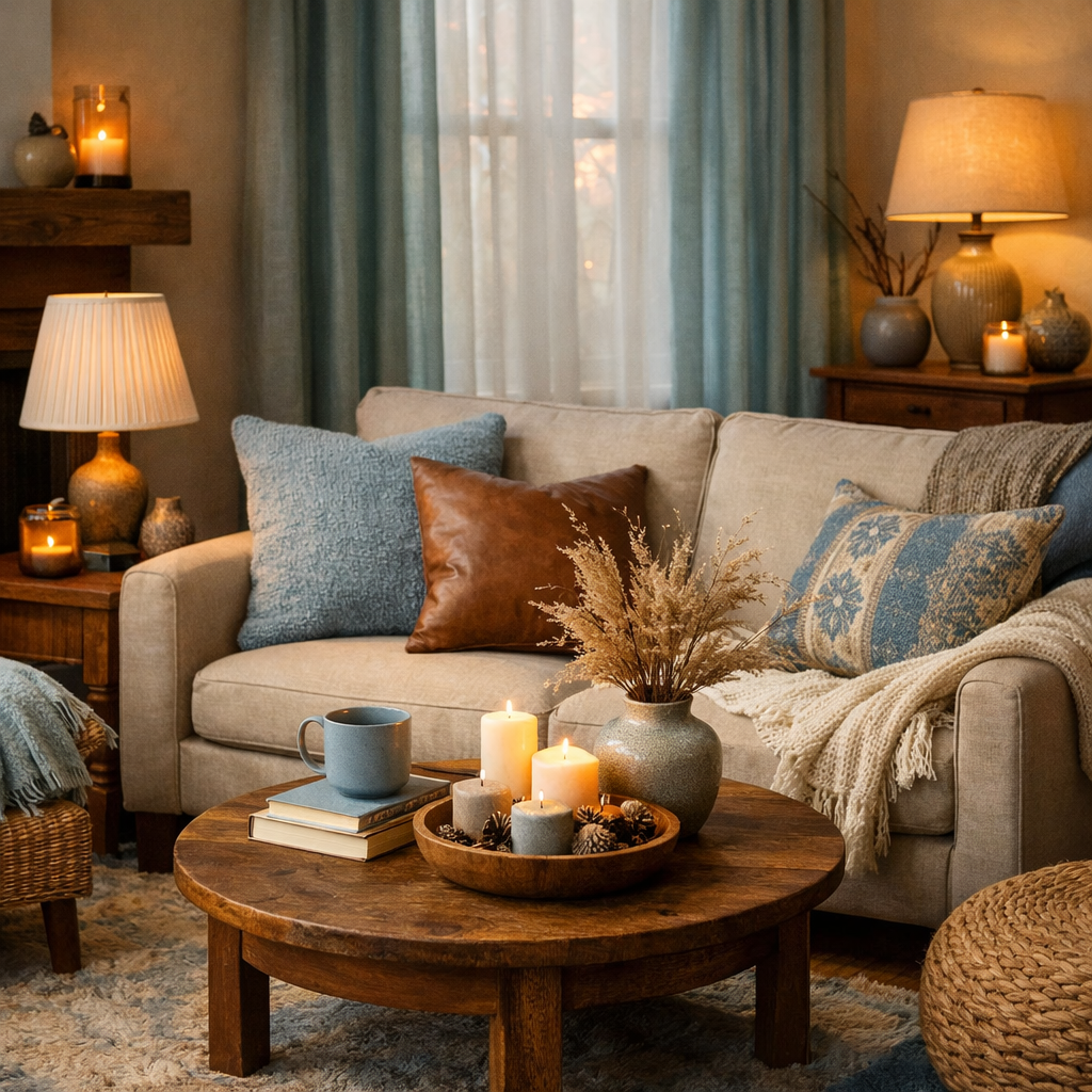 Cozy living room featuring light blue curtains, brown leather pillows, a wooden coffee table with candles and pinecones.