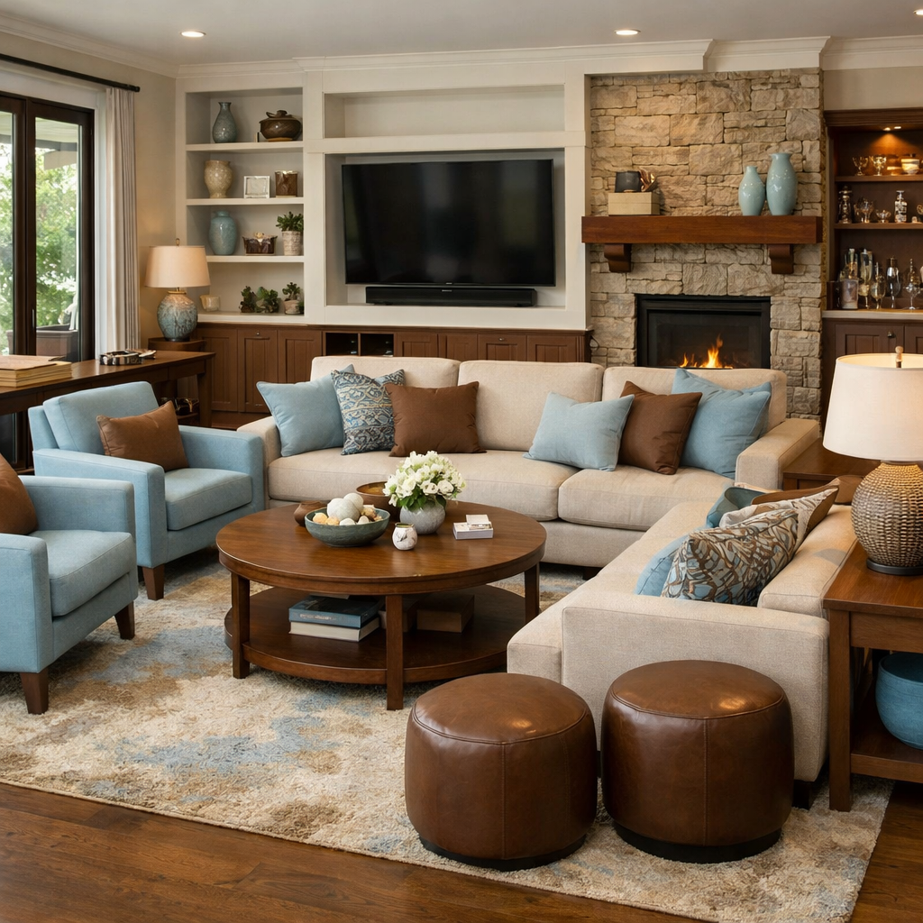 A cozy living room with light blue and brown decor, featuring a sectional sofa, two light blue armchairs, and a stone fireplace.