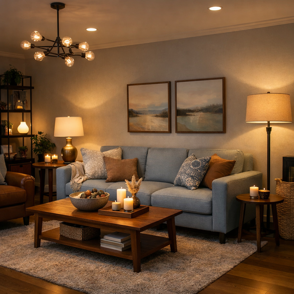 A cozy living room with layered lighting featuring a blue sofa, a wooden coffee table, and warm decorative accents.