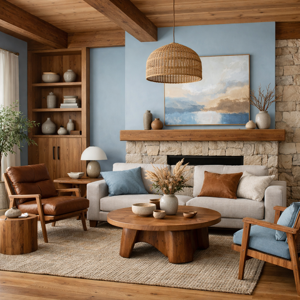 A stylish living room featuring light blue walls and natural wood elements, including a wooden coffee table and brown leather chairs.