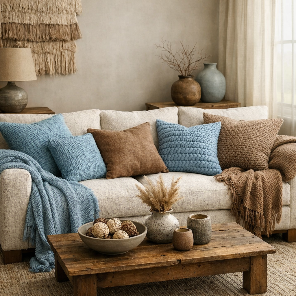 A cozy living room with a light blue and brown theme featuring a sofa with different textured pillows and throws.