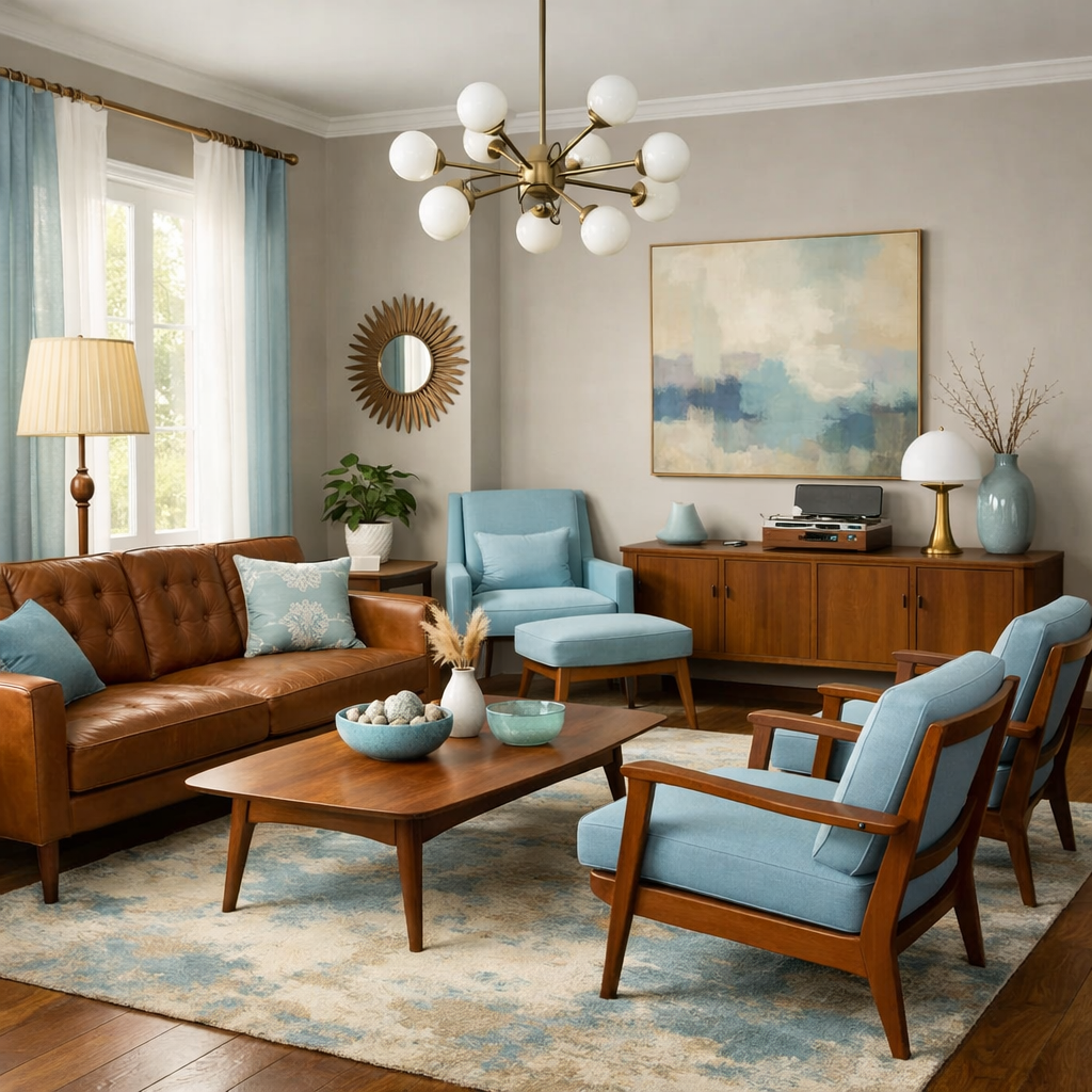 A light blue and brown living room featuring vintage furniture with modern touches.