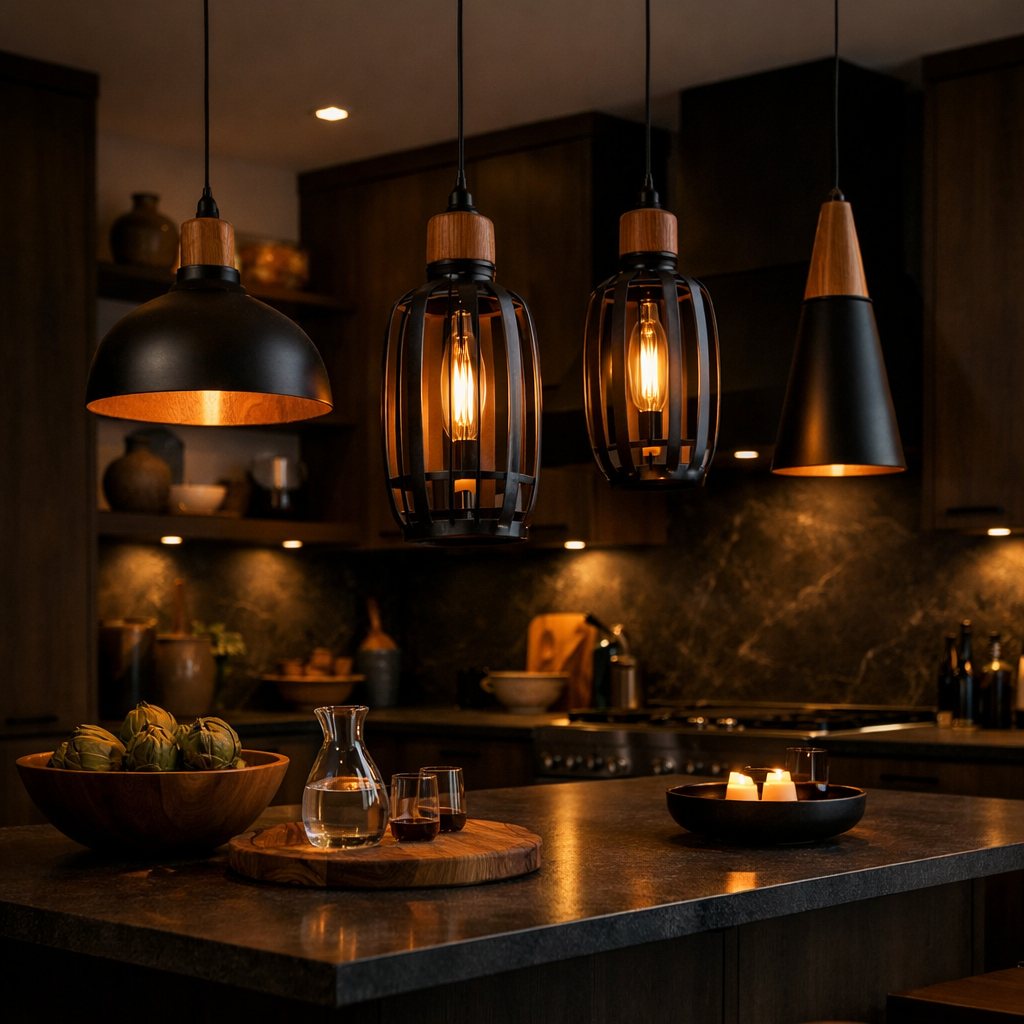 Stylish black and brown kitchen lighting fixtures