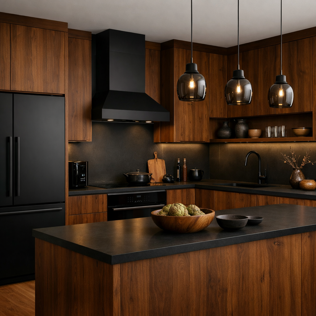 A modern kitchen featuring black appliances and rich brown wood cabinets, complemented by stylish pendant lights.