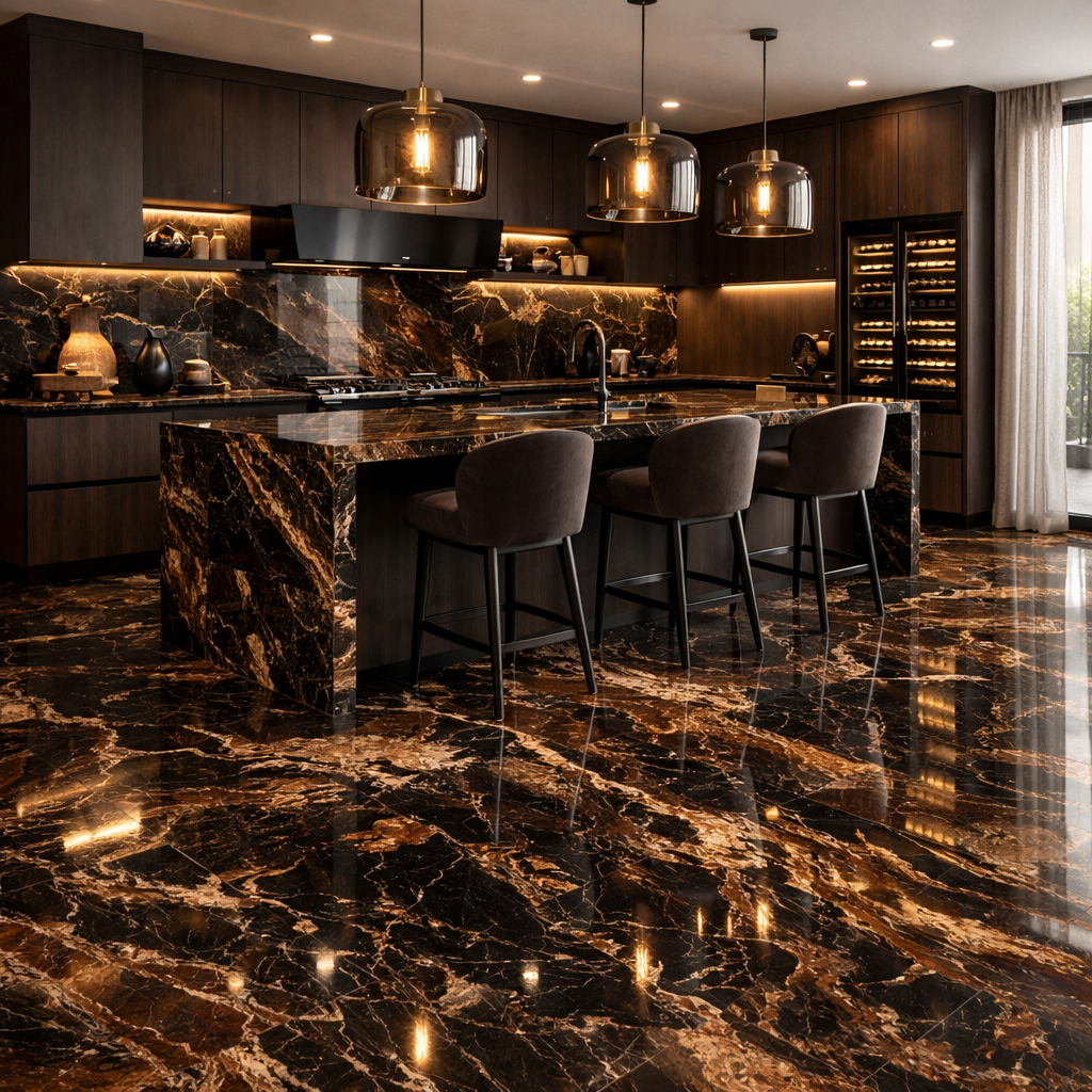 A stylish kitchen featuring brown and black marble flooring, with dark wooden cabinets and modern lighting.