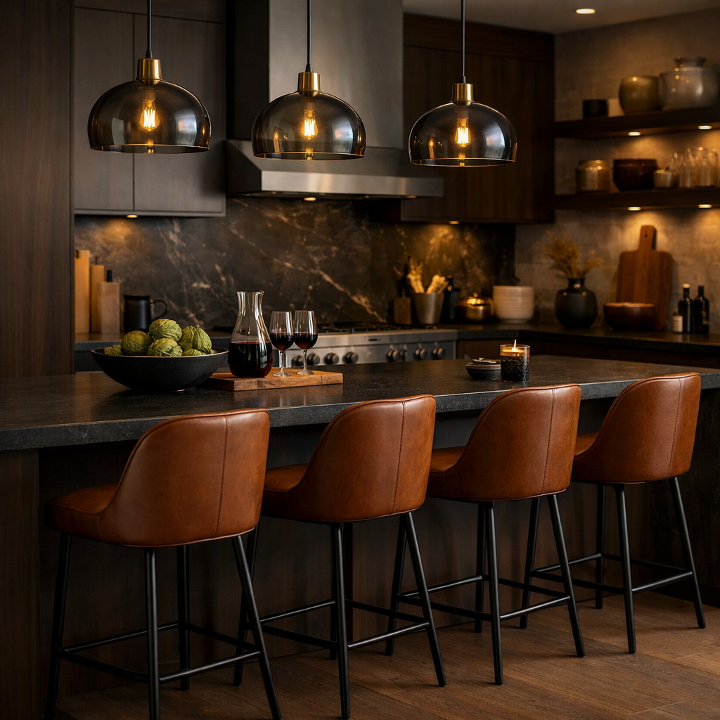 Brown leather bar stools in a modern kitchen with dark countertops and elegant lighting.