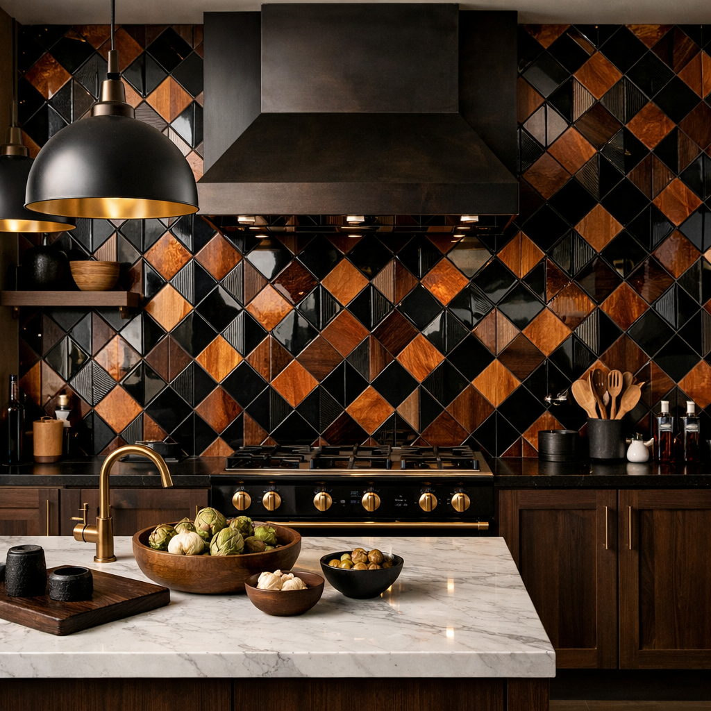 A modern kitchen with a black and brown tile backsplash in a diamond pattern, featuring dark cabinetry and gold fixtures.