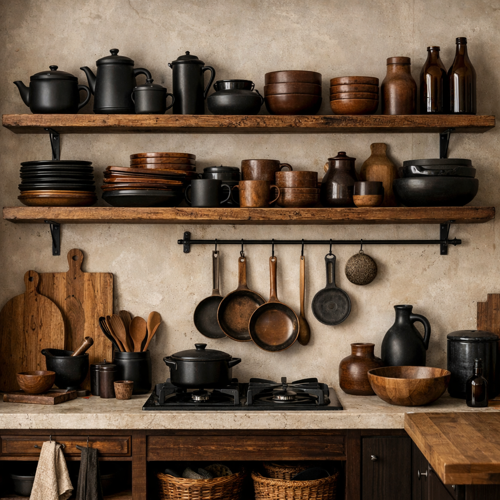 Open shelving displaying black and brown dishware in a rustic kitchen setting.