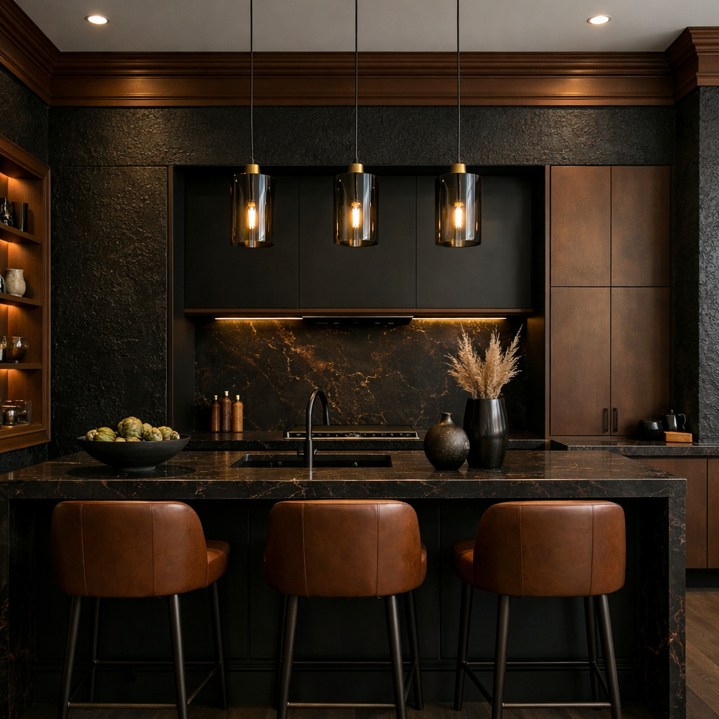A modern kitchen featuring textured black walls and brown trim, with brown leather bar stools and stylish lighting.