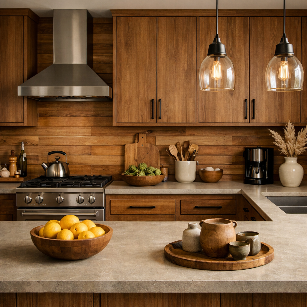 A cozy kitchen featuring brown cabinets and natural wood paneling.