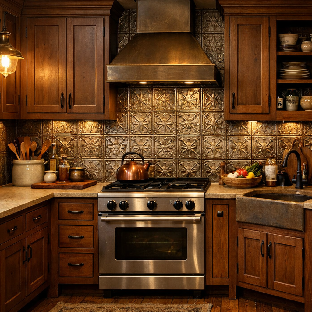 A cozy kitchen featuring vintage tin tiles as a backsplash with brown cabinets.