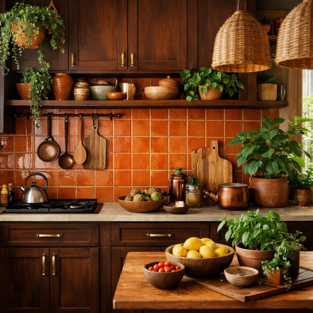 A cozy kitchen featuring brown cabinets and a warm terracotta tile backsplash.