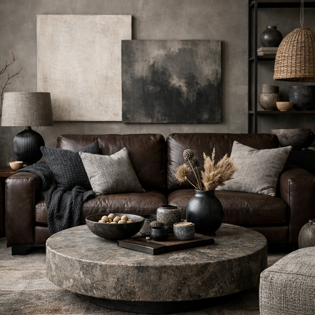 A cozy living room with dark brown leather sofa, grey pillows, a stone coffee table, and textured wall art.