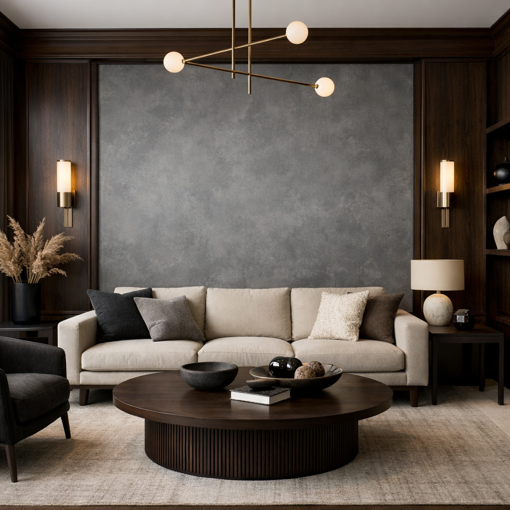A stylish living room featuring a grey accent wall with dark wood trim, a beige sofa, and a round coffee table.