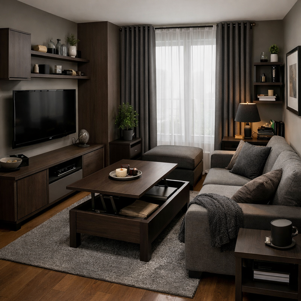 Cozy dark brown and grey living room with functional furniture, including a sectional sofa, lift-top coffee table, and dark wood accents.