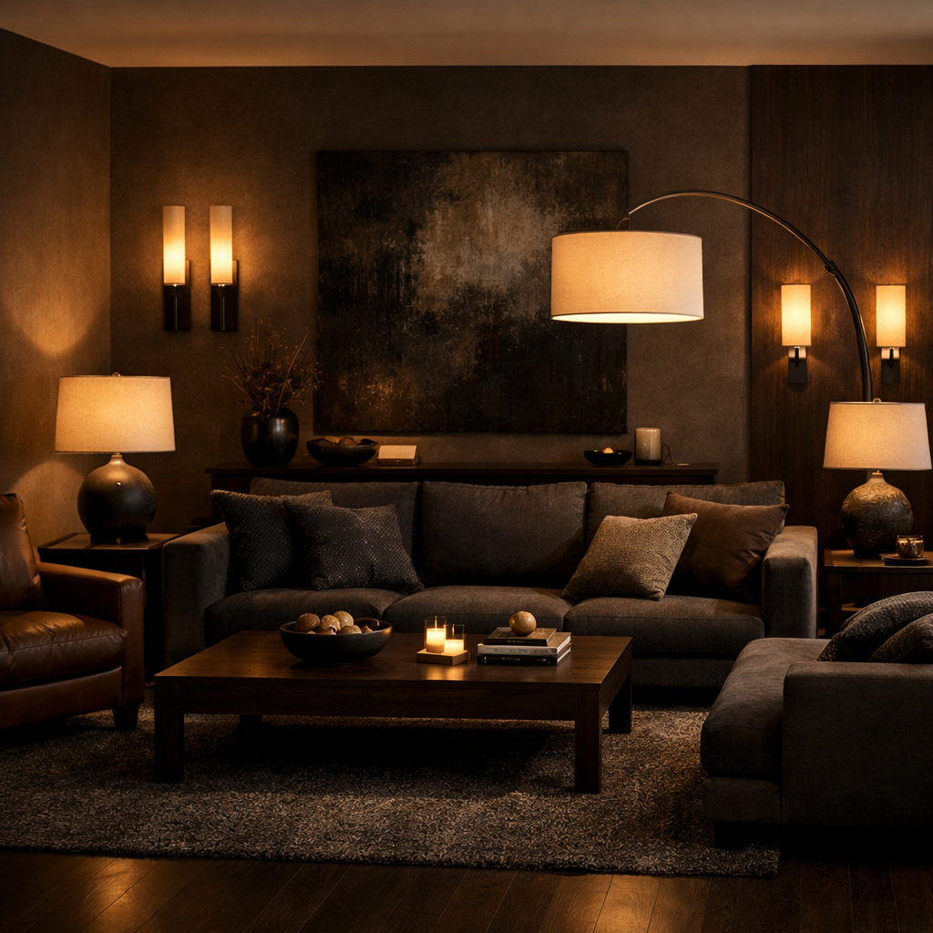 A warm and inviting dark brown and grey living room with layered lighting, featuring various lamps and a cozy atmosphere.