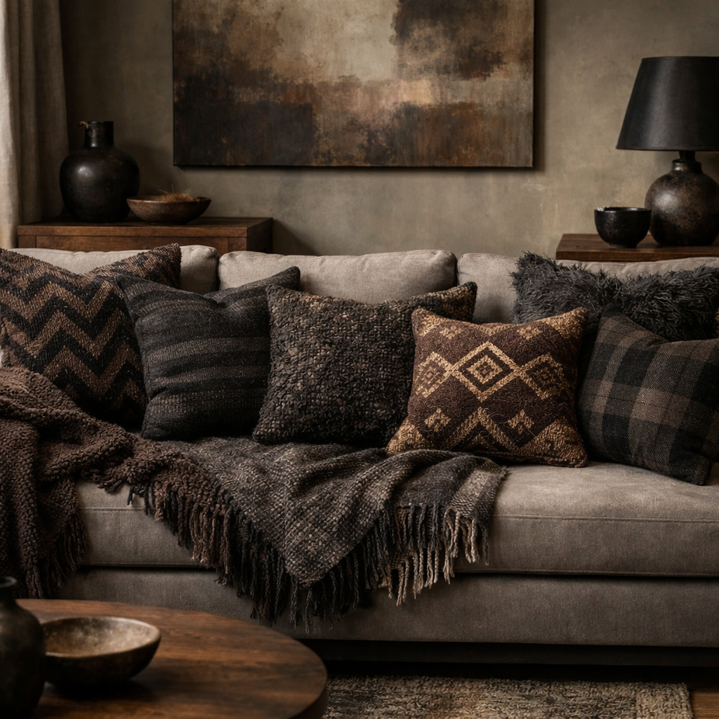 A cozy living room featuring a grey sofa with a variety of dark brown and grey patterned cushions and a throw blanket.
