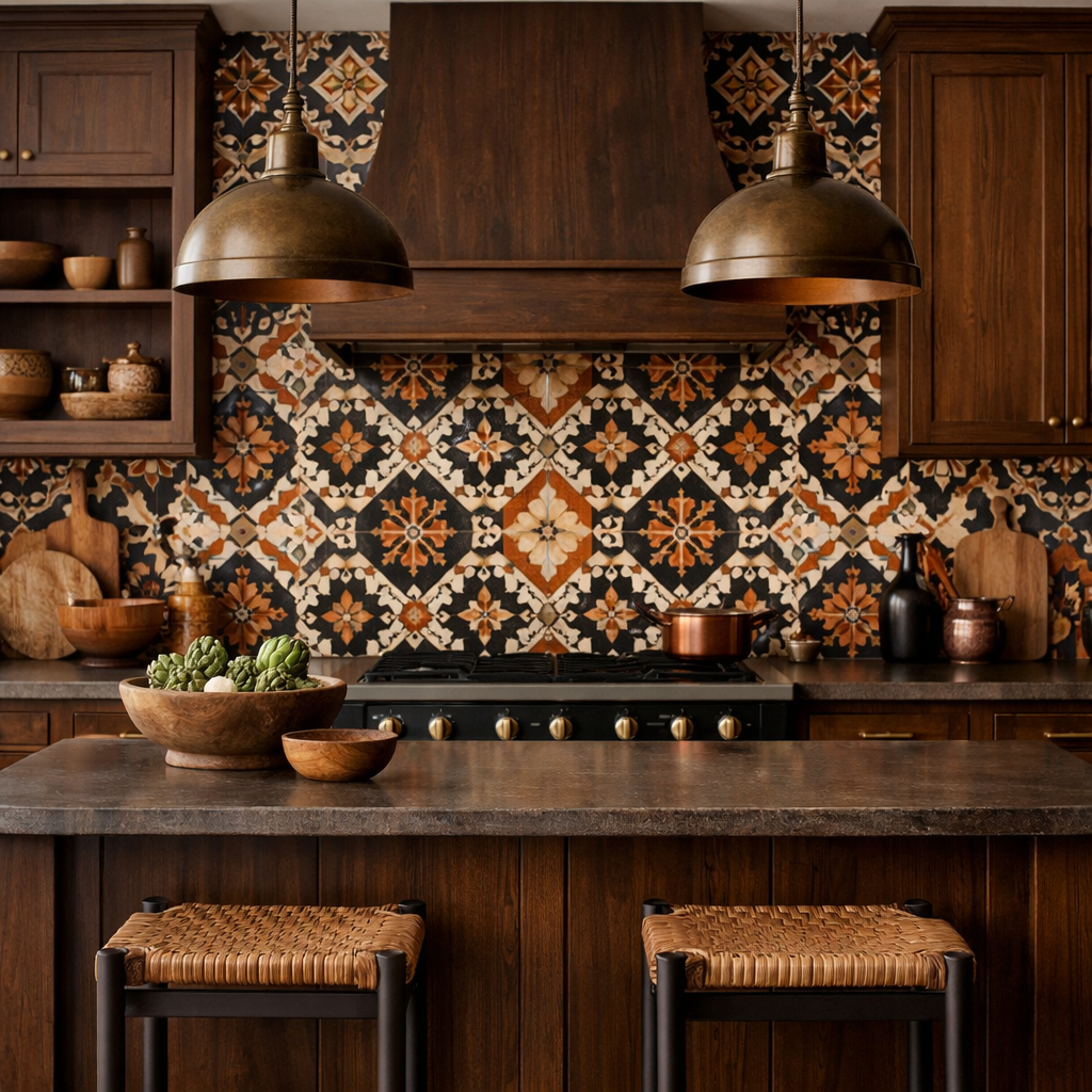 A modern brown kitchen with a bold patterned tile backsplash, wooden cabinets, and stylish decor.