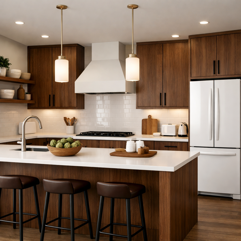 A modern kitchen featuring brown cabinetry, white countertops, and stylish pendant lights.