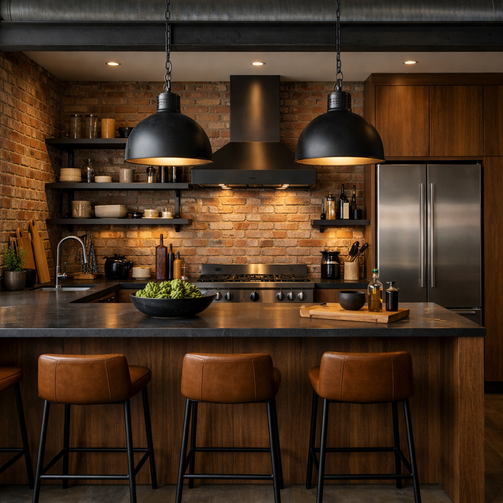 Modern brown kitchen with industrial touches, featuring an exposed brick wall, black pendant lights, and open shelves.
