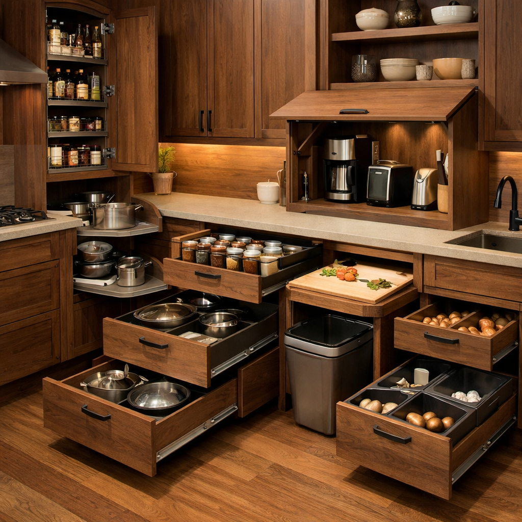 Smart storage solutions in a modern brown kitchen with stylish cabinets