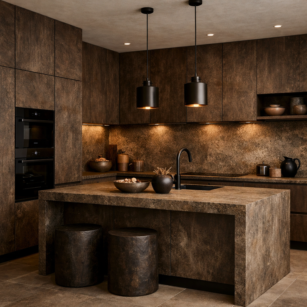Modern brown kitchen with textured finishes and inviting lighting.