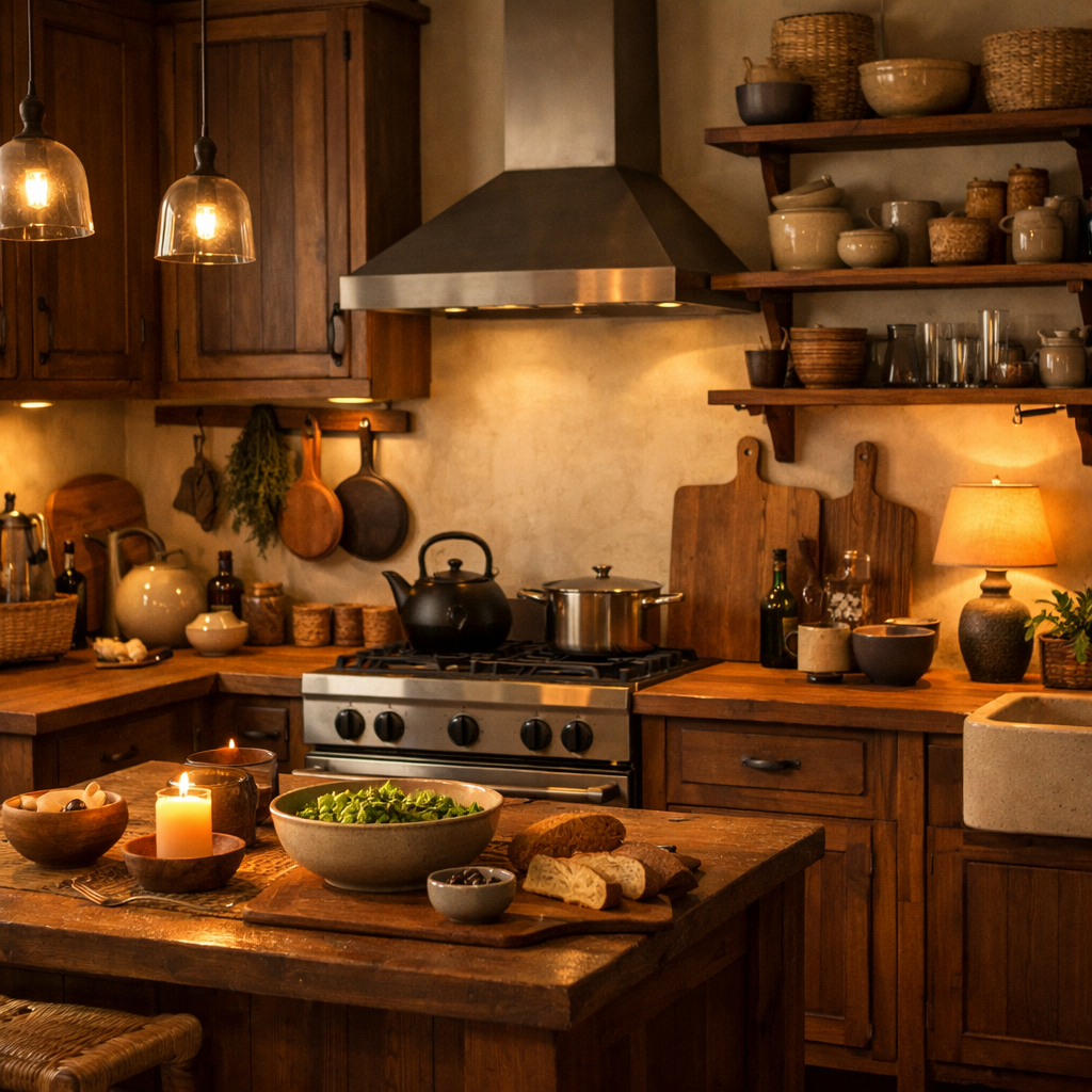 Image of a warm wooden kitchen with natural accents and cozy lighting
