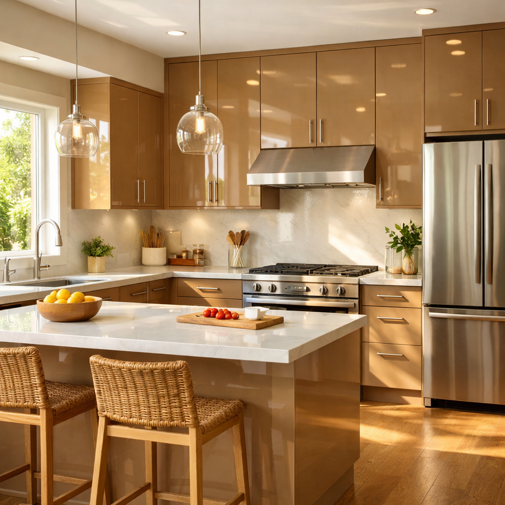 Modern kitchen featuring light brown glossy cabinets, marble countertops, and wooden stools