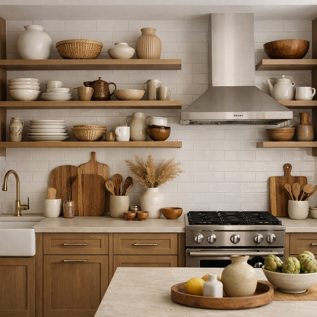A stylish kitchen featuring light brown cabinets and open shelves filled with dishware and decor.