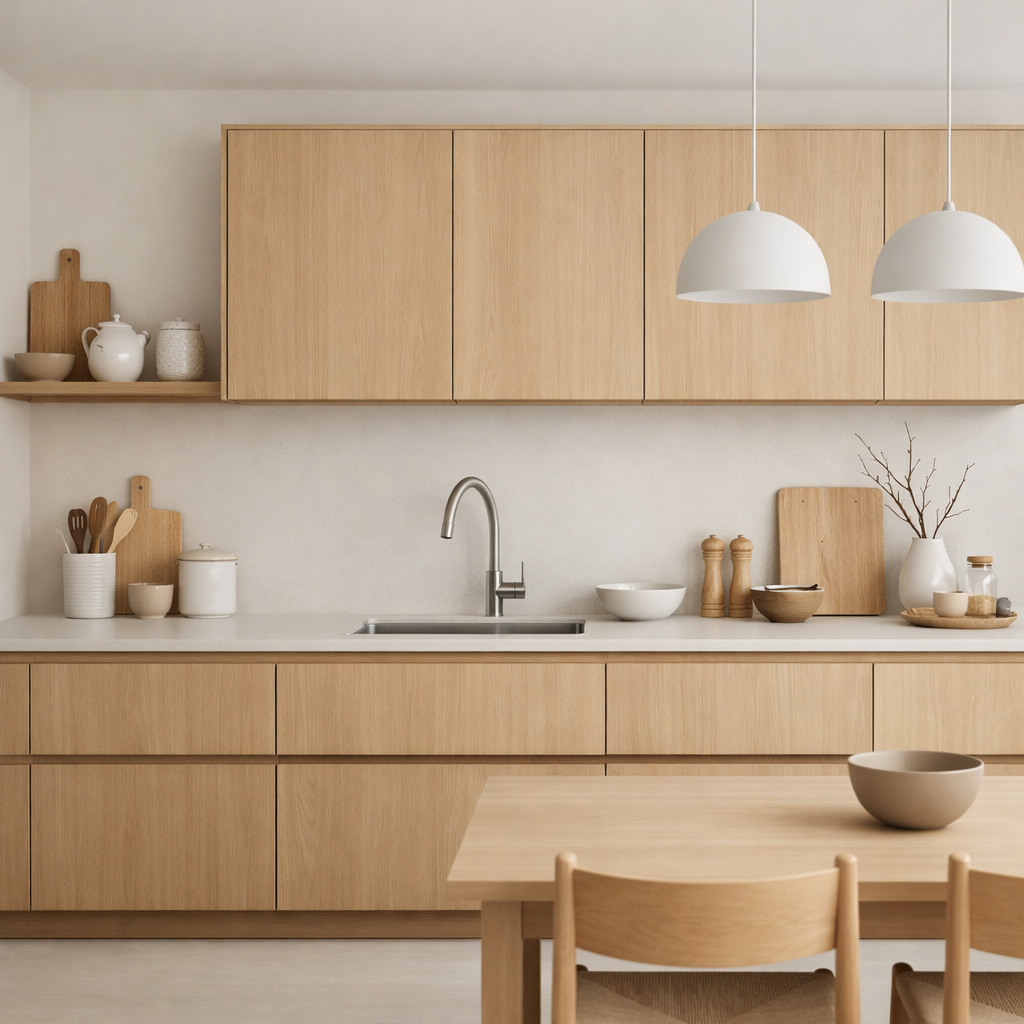 A minimalist Scandinavian kitchen with light brown cabinets and simple decor