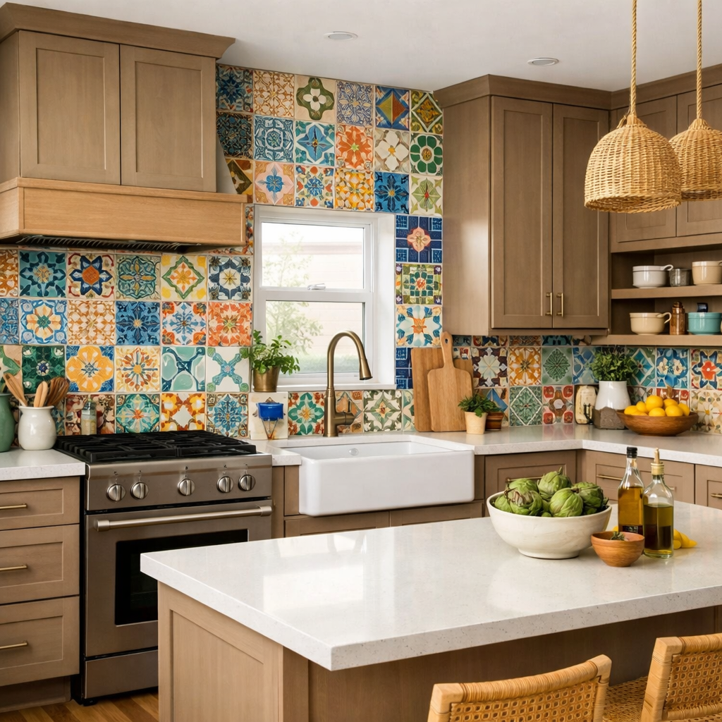 A kitchen featuring light brown Shaker style cabinets, a colorful tiled backsplash, and a cozy, inviting atmosphere.