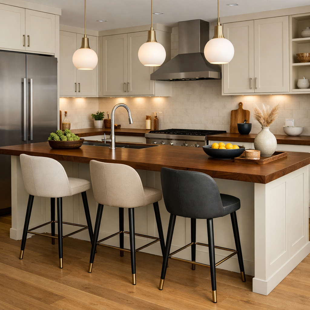 A modern kitchen with light cabinetry and a rich brown countertop, featuring stylish bar stools and pendant lighting.